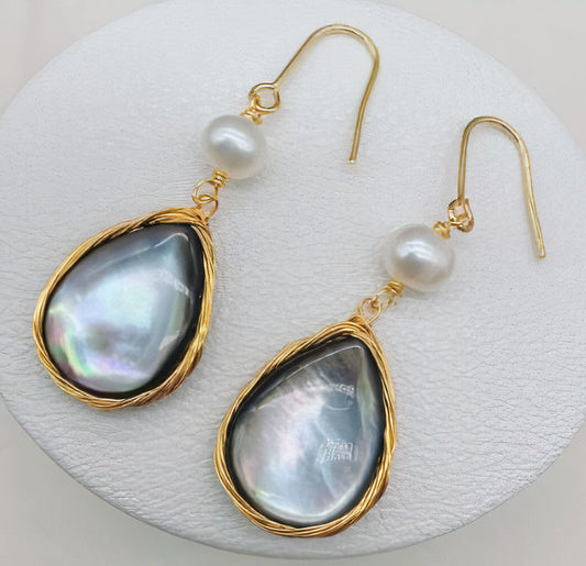 Blue Inlaid Drop Stone Pearl Earrings