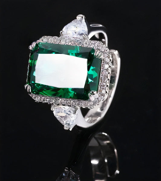 Vintage Green Crystal Square Silver Ring