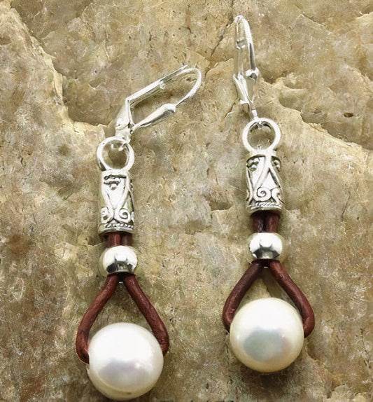 Vintage Pearl Drop Leather Earrings