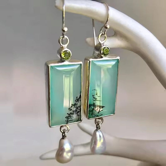 Vintage Green Glass Inlaid Pearls Earrings